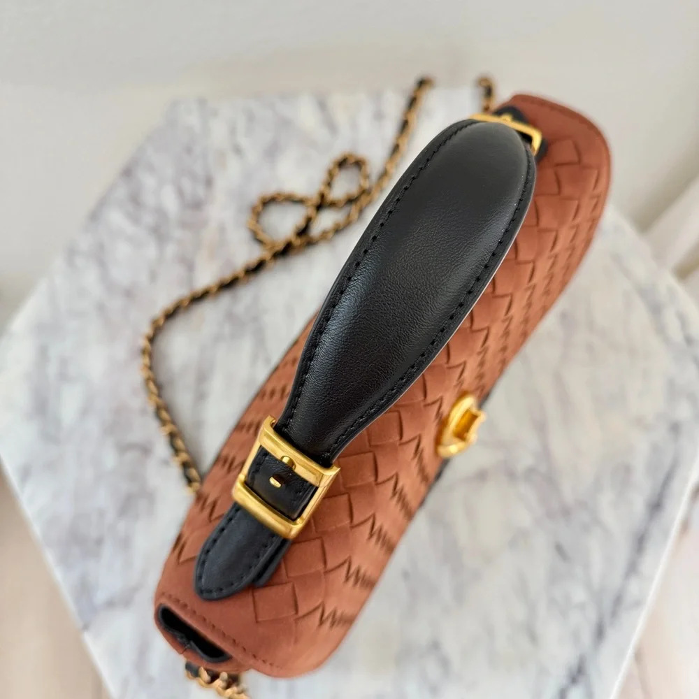 Brown Black Two-Tone Woven Leather Top Handle Crossbody Chain Strap Bag - Picture 9 of 14